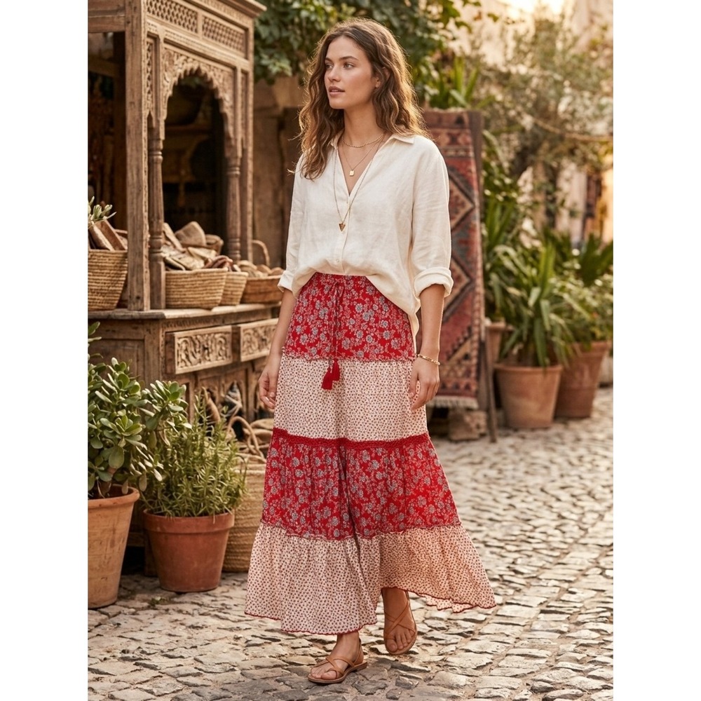 Solitaire Red Floral Mixed Print Tiered Maxi Skirt M Boho Prairie Shabby Chic